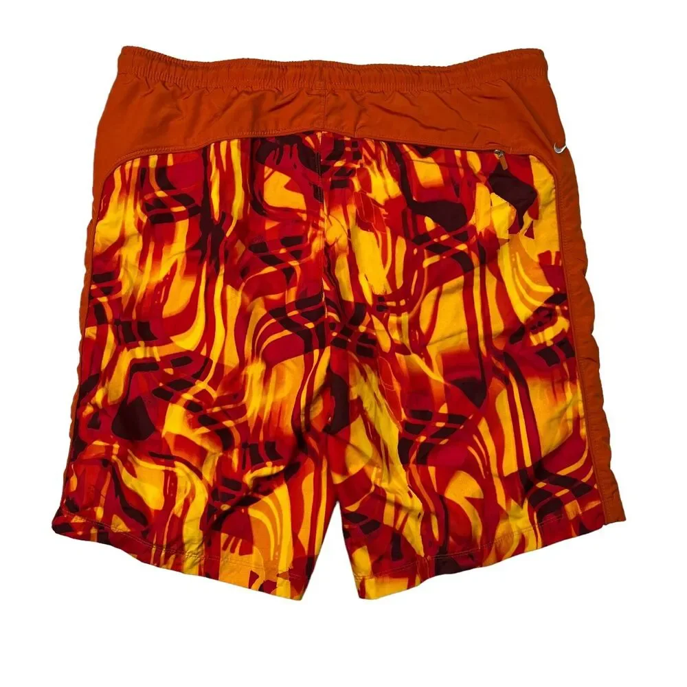 Nike VTG Y2K Abstract Print Mesh Built-In Brief Swim Shorts Orange Mens M Medium